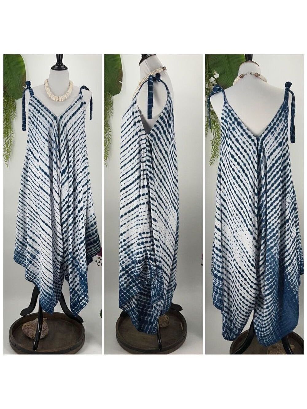 The Pō`alima Romper Blue/White V-Neck V Back Shoulder Tie  Boho Gypsy  Wide Leg